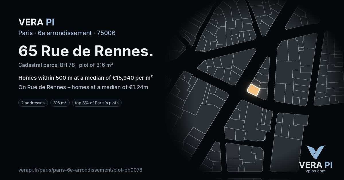 65 Rue de Rennes, 6e arrondissement at night – the plot lit, the parcels around coloured by the prices near them