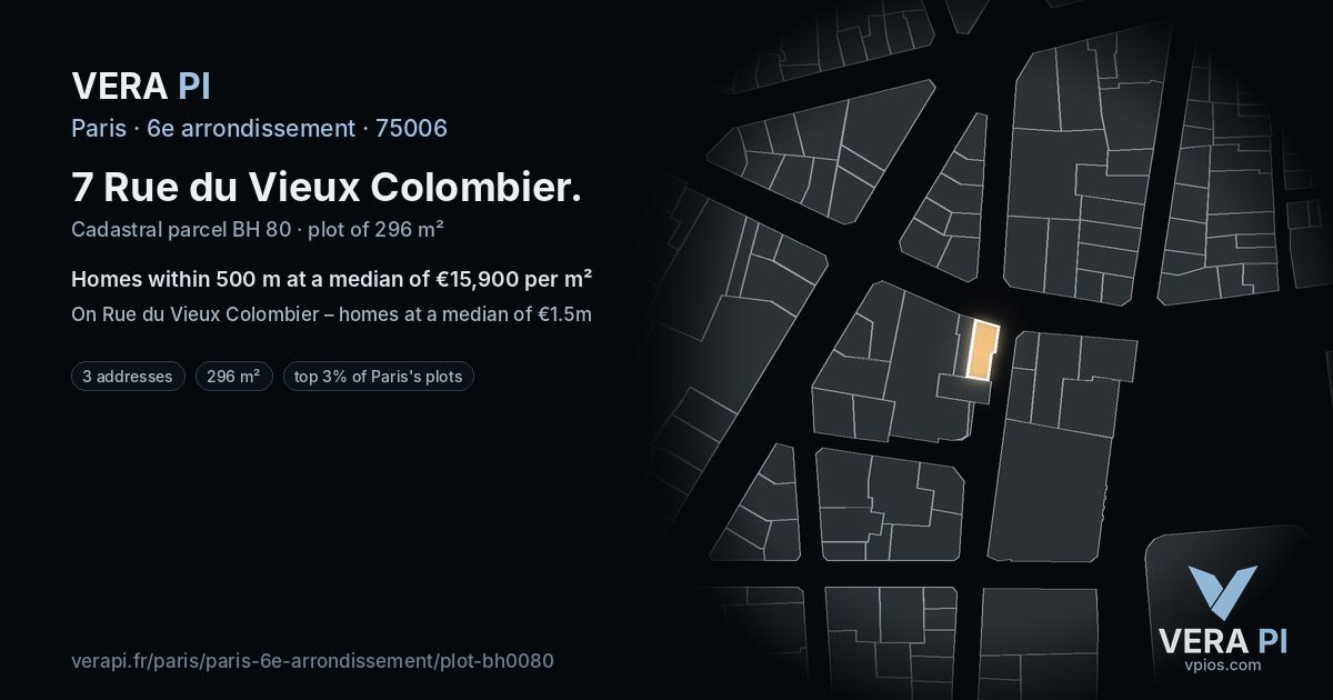 7 Rue du Vieux Colombier, 6e arrondissement at night – the plot lit, the parcels around coloured by the prices near them