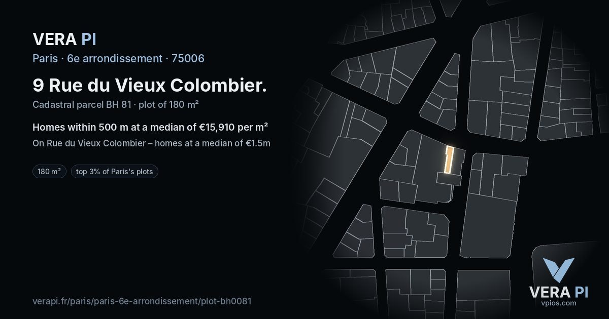 9 Rue du Vieux Colombier, 6e arrondissement at night – the plot lit, the parcels around coloured by the prices near them