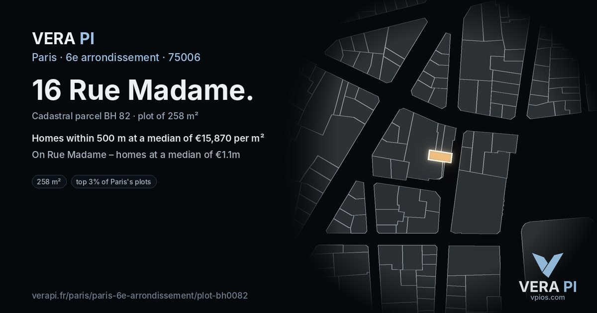 16 Rue Madame, 6e arrondissement at night – the plot lit, the parcels around coloured by the prices near them