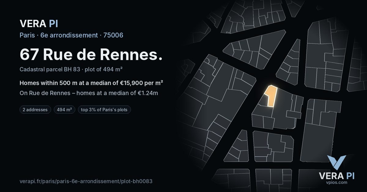 67 Rue de Rennes, 6e arrondissement at night – the plot lit, the parcels around coloured by the prices near them
