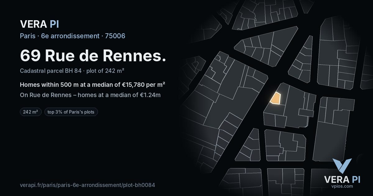 69 Rue de Rennes, 6e arrondissement at night – the plot lit, the parcels around coloured by the prices near them