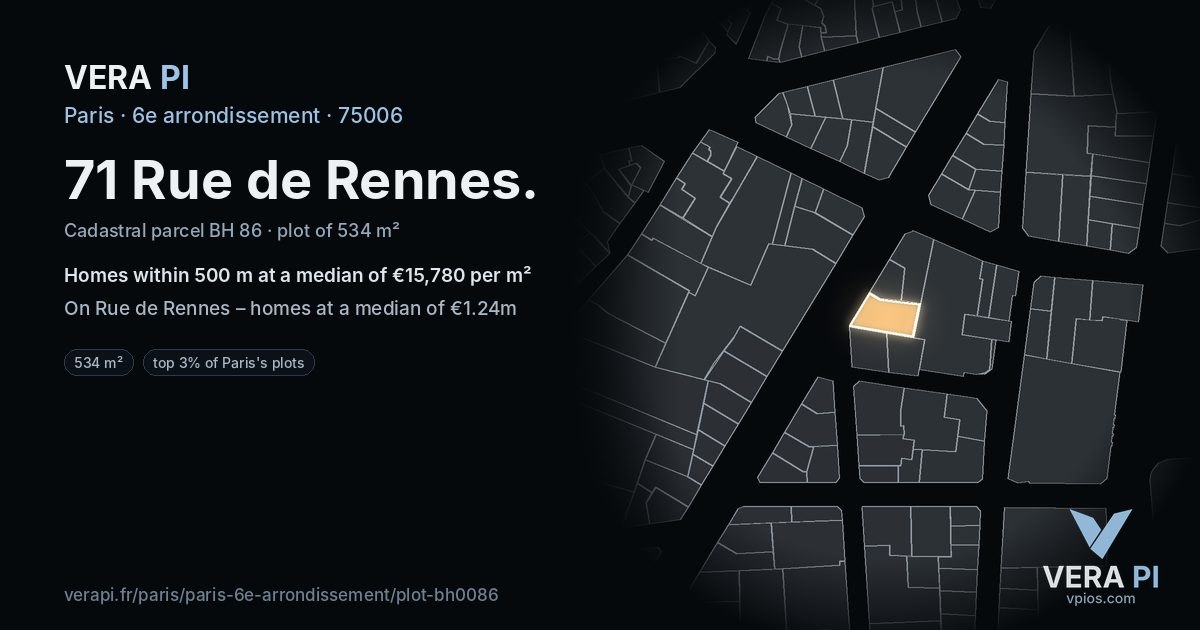 71 Rue de Rennes, 6e arrondissement at night – the plot lit, the parcels around coloured by the prices near them