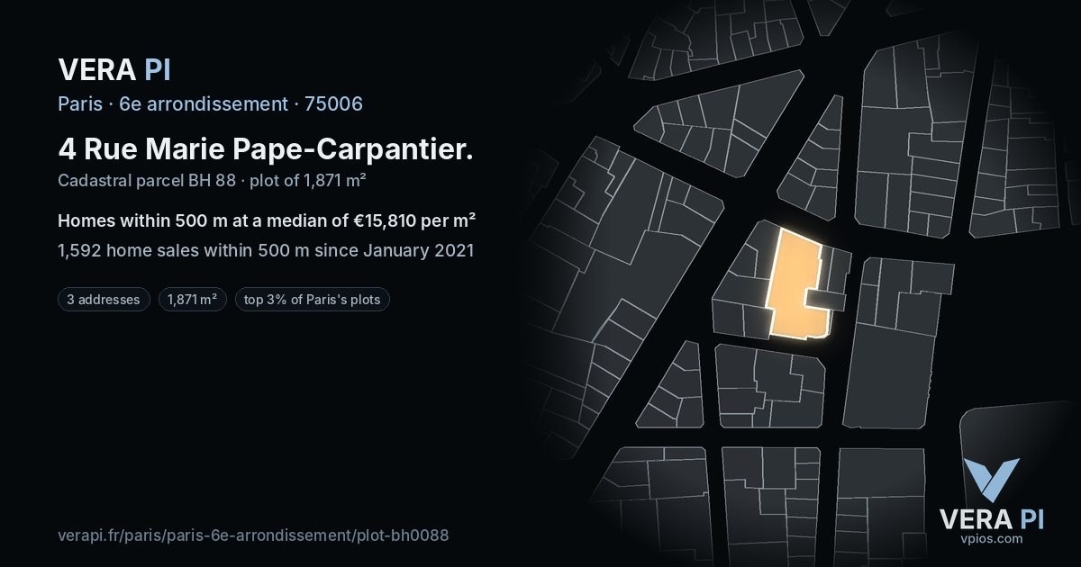 4 Rue Marie Pape-Carpantier, 6e arrondissement at night – the plot lit, the parcels around coloured by the prices near them