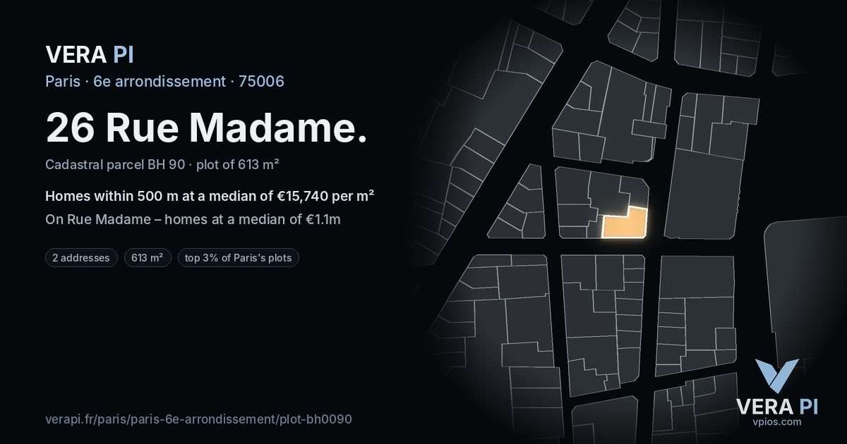 26 Rue Madame, 6e arrondissement at night – the plot lit, the parcels around coloured by the prices near them