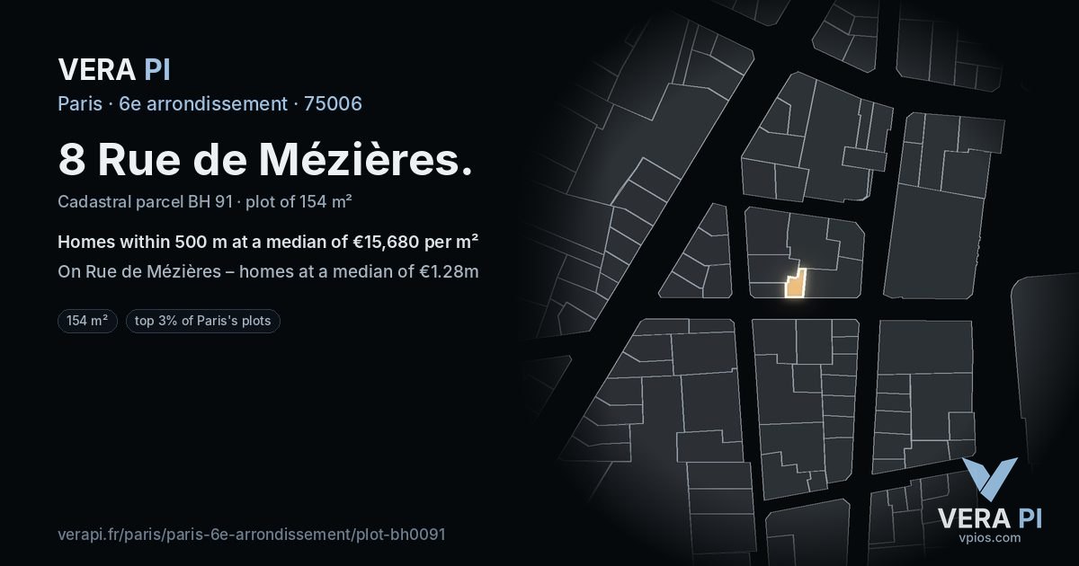 8 Rue de Mézières, 6e arrondissement at night – the plot lit, the parcels around coloured by the prices near them