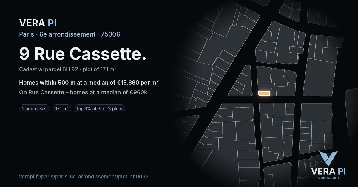 9 Rue Cassette, 6e arrondissement at night – the plot lit, the parcels around coloured by the prices near them