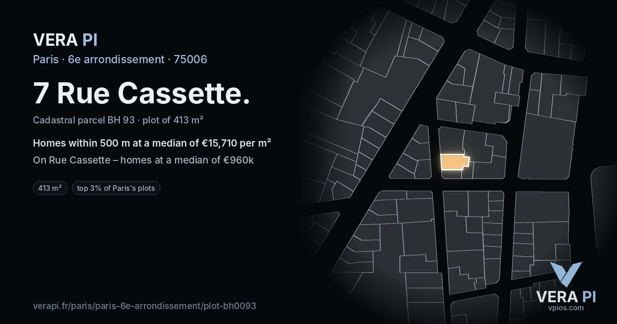 7 Rue Cassette, 6e arrondissement at night – the plot lit, the parcels around coloured by the prices near them