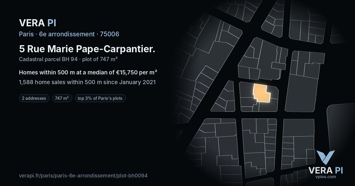 5 Rue Marie Pape-Carpantier, 6e arrondissement at night – the plot lit, the parcels around coloured by the prices near them