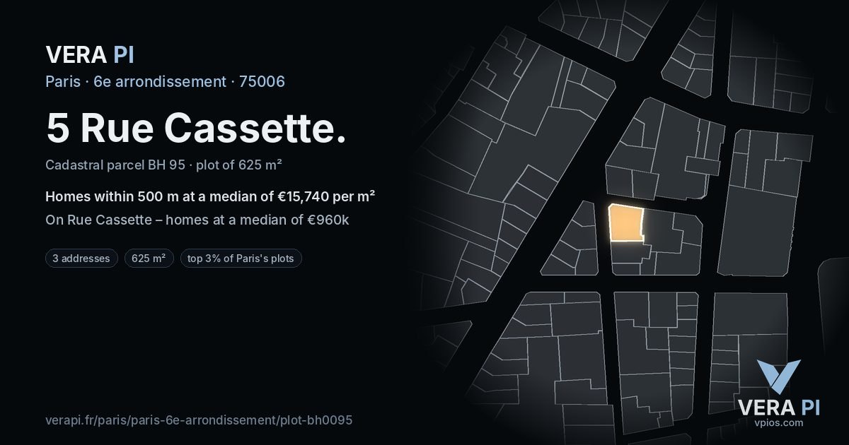 5 Rue Cassette, 6e arrondissement at night – the plot lit, the parcels around coloured by the prices near them