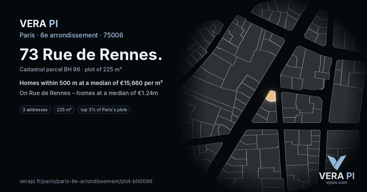 73 Rue de Rennes, 6e arrondissement at night – the plot lit, the parcels around coloured by the prices near them