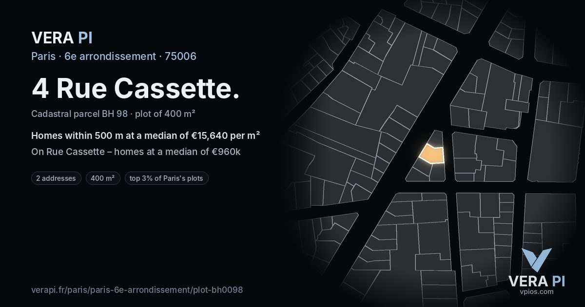 4 Rue Cassette, 6e arrondissement at night – the plot lit, the parcels around coloured by the prices near them