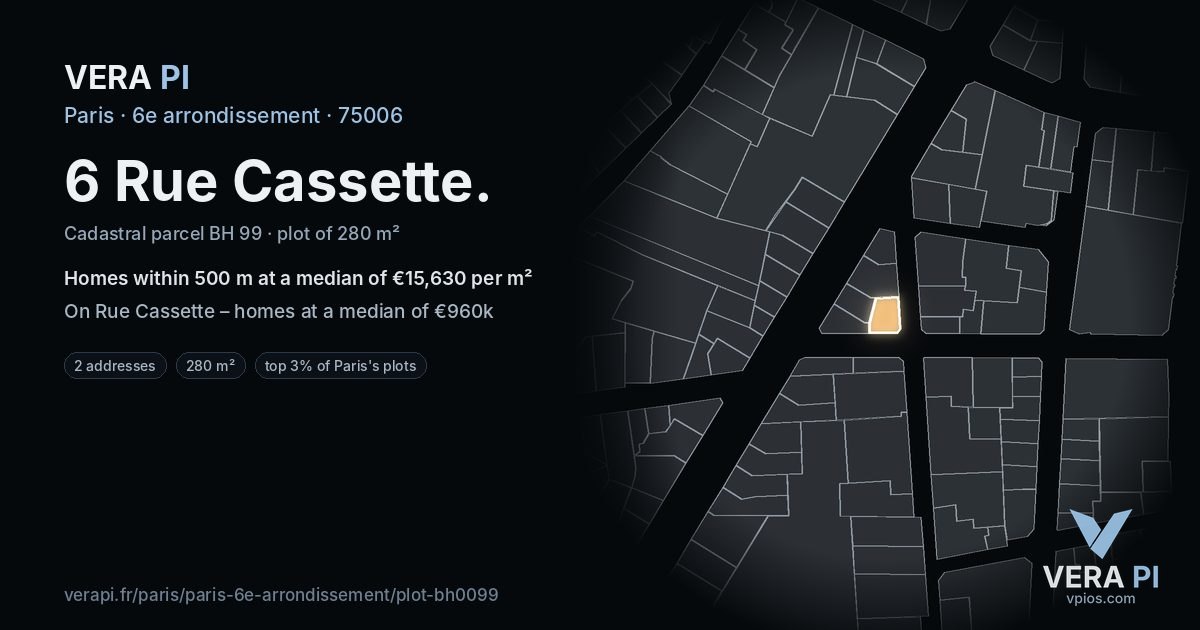 6 Rue Cassette, 6e arrondissement at night – the plot lit, the parcels around coloured by the prices near them