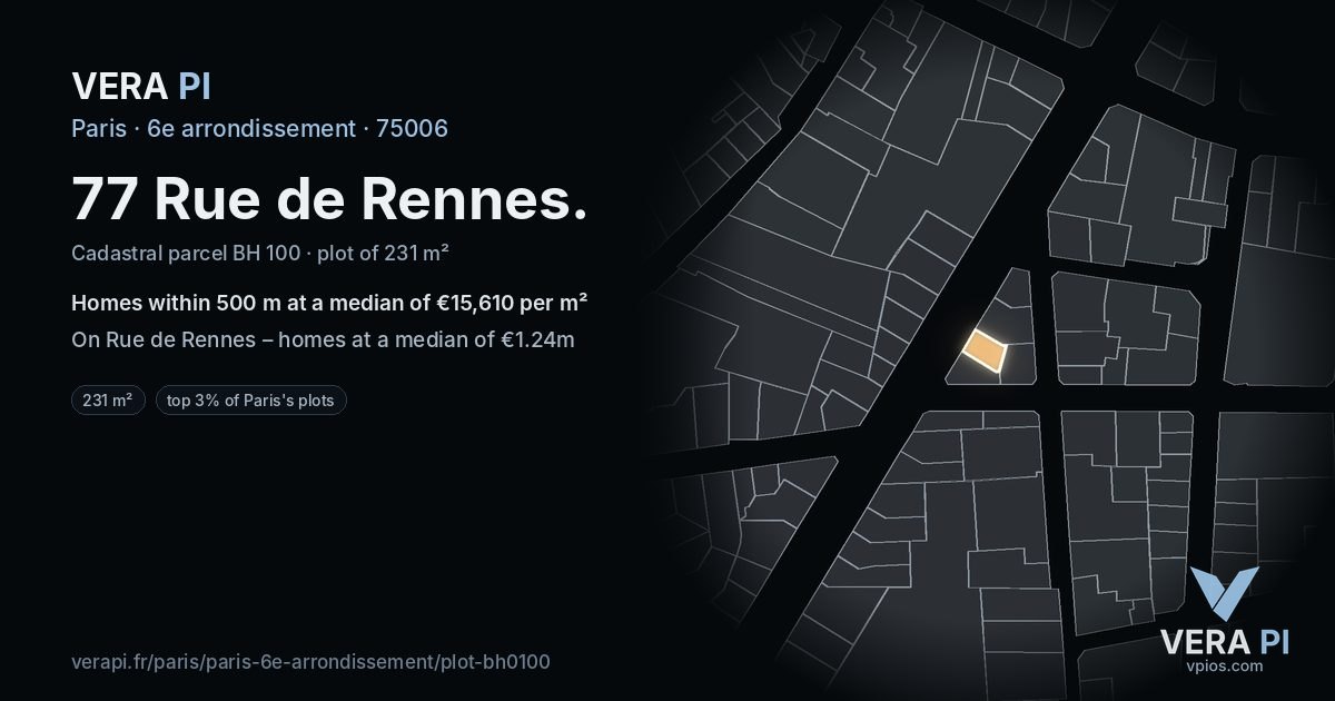 77 Rue de Rennes, 6e arrondissement at night – the plot lit, the parcels around coloured by the prices near them