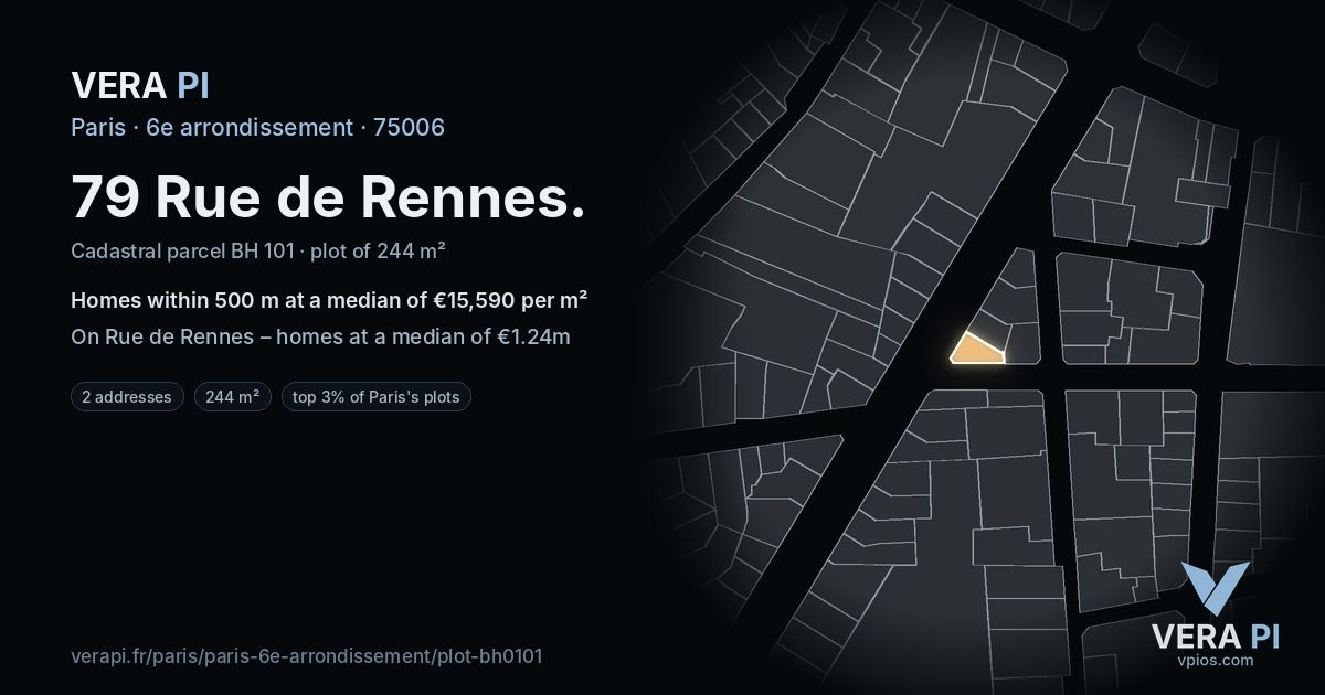 79 Rue de Rennes, 6e arrondissement at night – the plot lit, the parcels around coloured by the prices near them