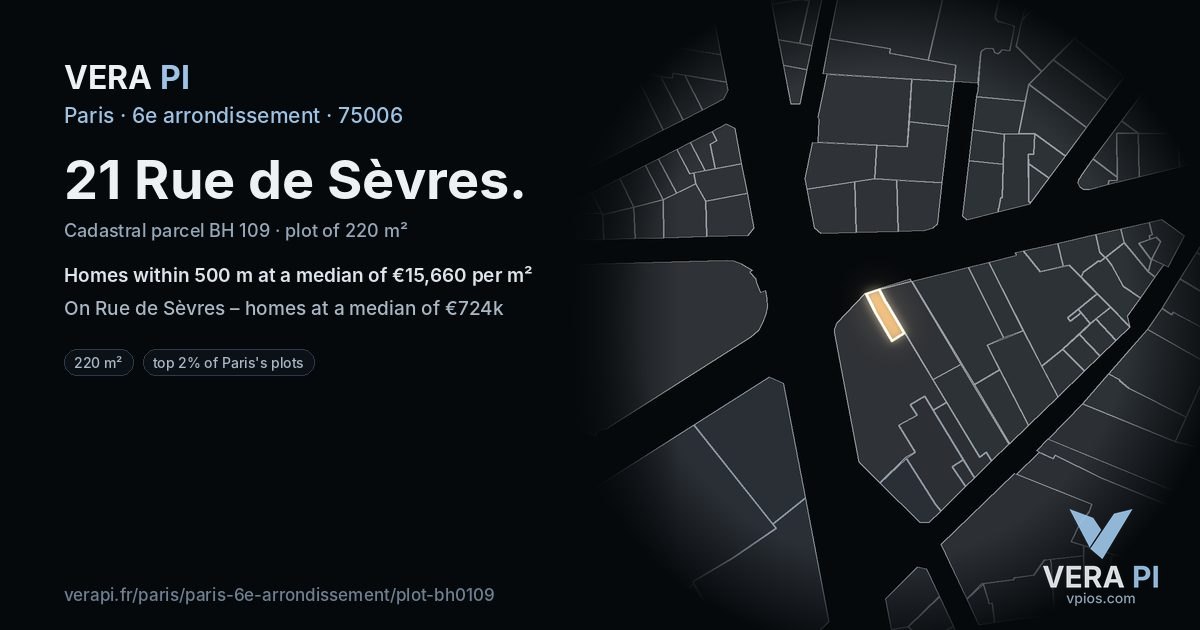 21 Rue de Sèvres, 6e arrondissement at night – the plot lit, the parcels around coloured by the prices near them