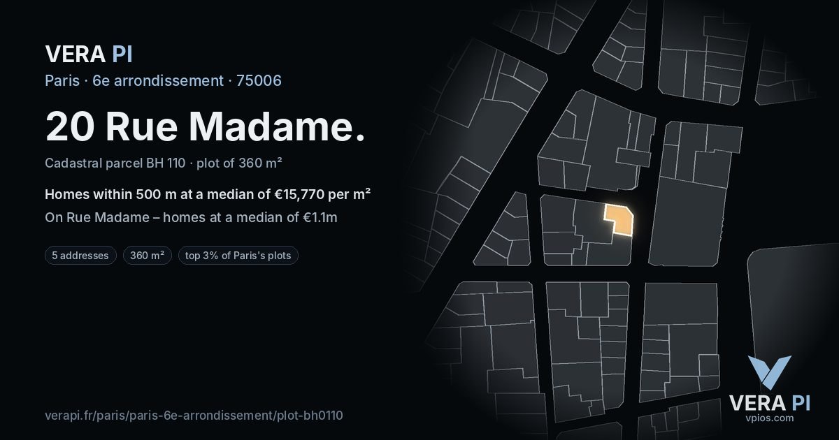 20 Rue Madame, 6e arrondissement at night – the plot lit, the parcels around coloured by the prices near them