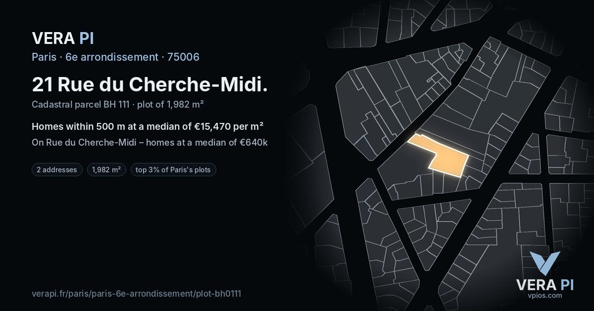 21 Rue du Cherche-Midi, 6e arrondissement at night – the plot lit, the parcels around coloured by the prices near them