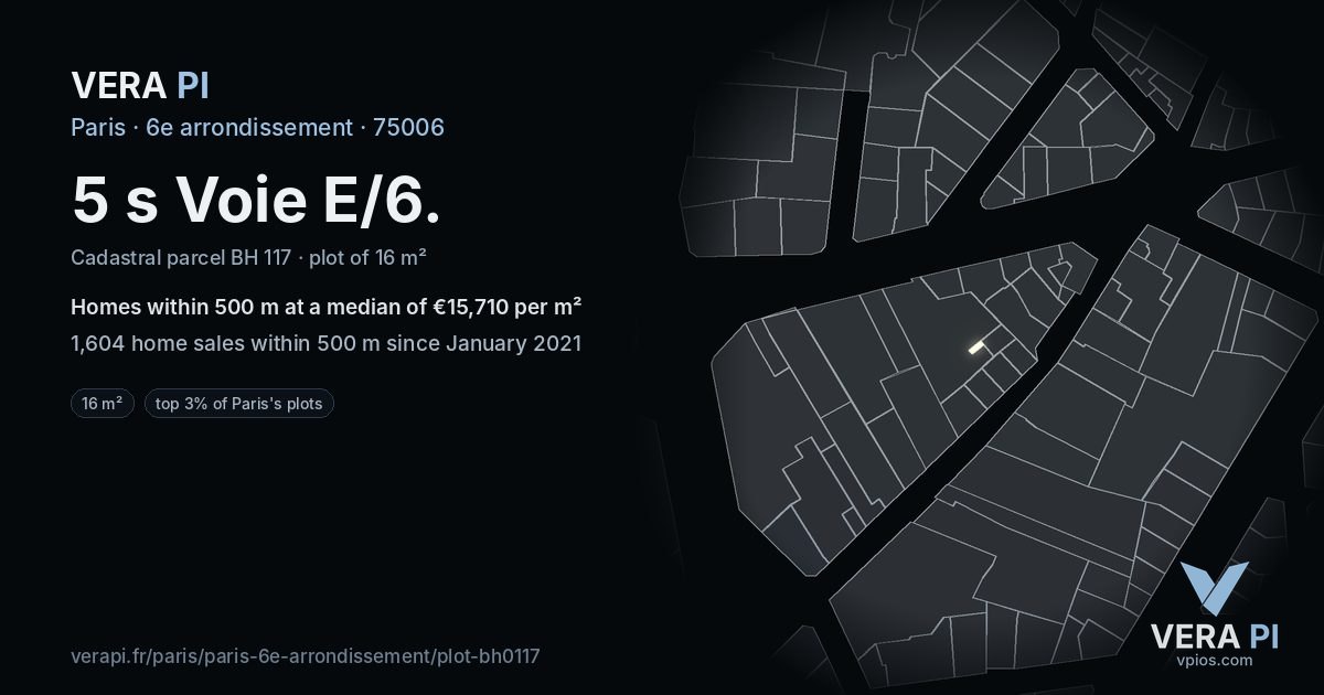 5 s Voie E/6, 6e arrondissement at night – the plot lit, the parcels around coloured by the prices near them