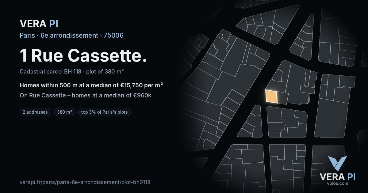 1 Rue Cassette, 6e arrondissement at night – the plot lit, the parcels around coloured by the prices near them
