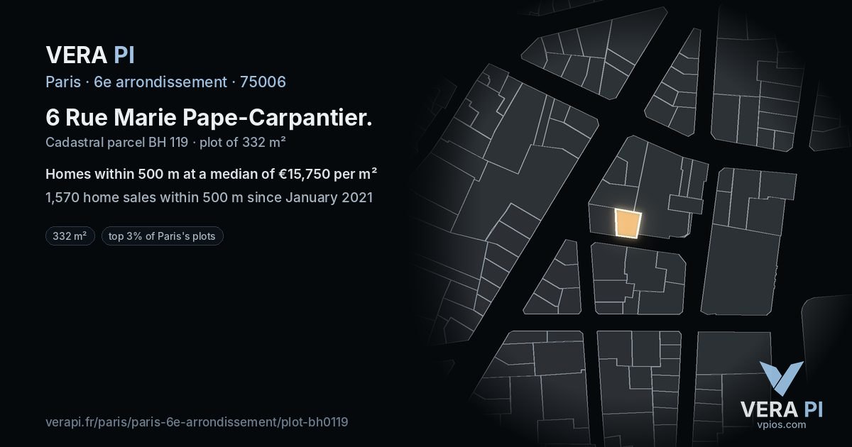6 Rue Marie Pape-Carpantier, 6e arrondissement at night – the plot lit, the parcels around coloured by the prices near them