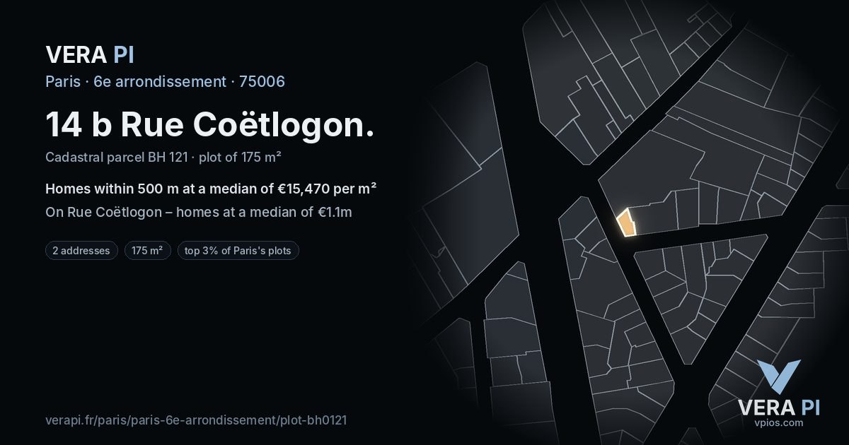 14 b Rue Coëtlogon, 6e arrondissement at night – the plot lit, the parcels around coloured by the prices near them