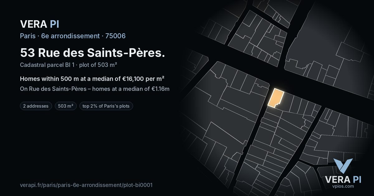 53 Rue des Saints-Pères, 6e arrondissement at night – the plot lit, the parcels around coloured by the prices near them