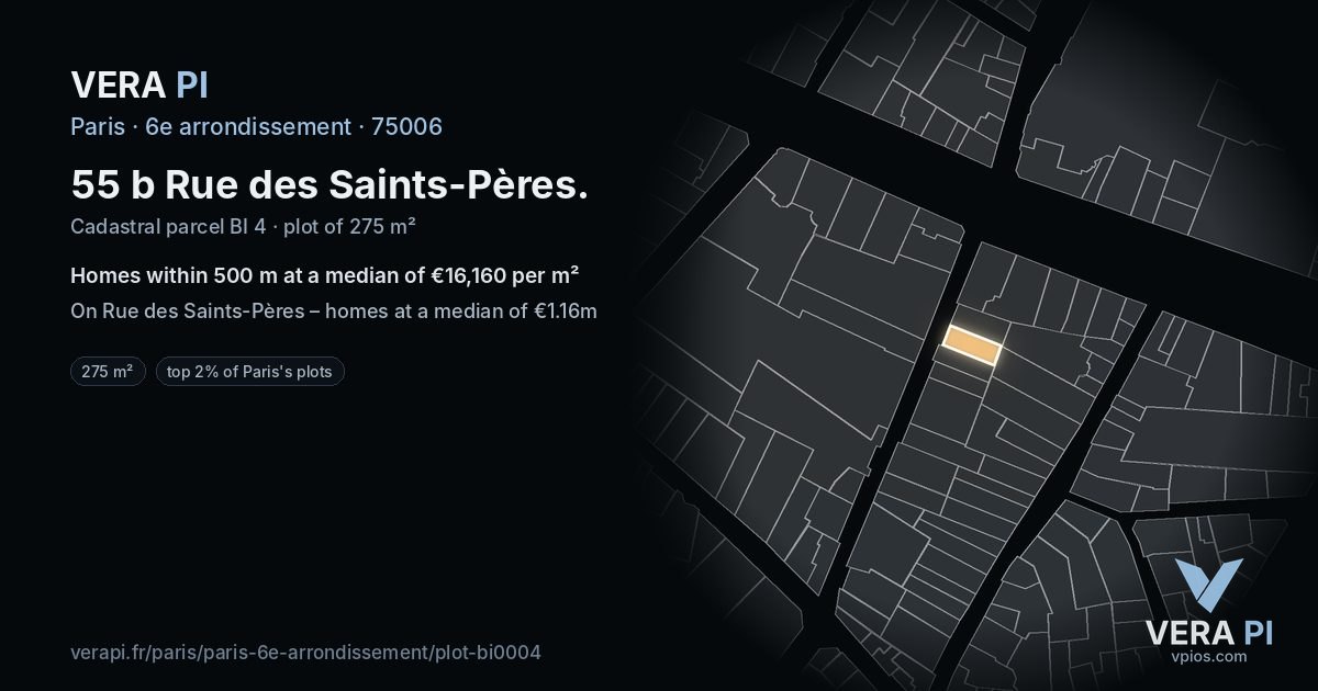 55 b Rue des Saints-Pères, 6e arrondissement at night – the plot lit, the parcels around coloured by the prices near them