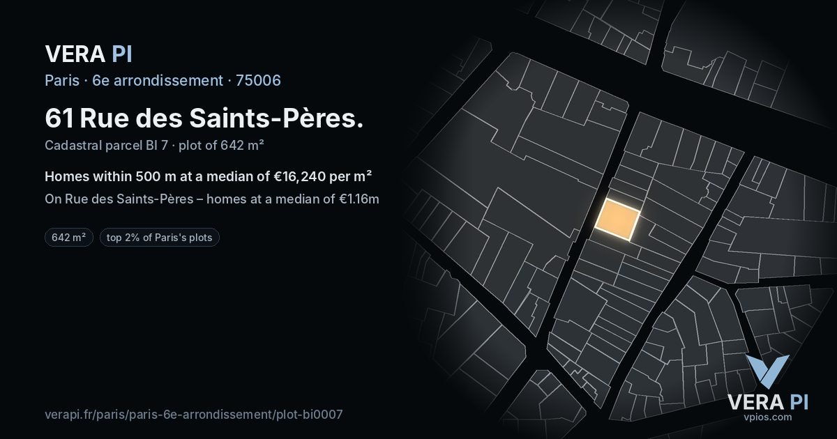 61 Rue des Saints-Pères, 6e arrondissement at night – the plot lit, the parcels around coloured by the prices near them
