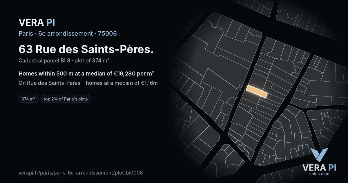 63 Rue des Saints-Pères, 6e arrondissement at night – the plot lit, the parcels around coloured by the prices near them