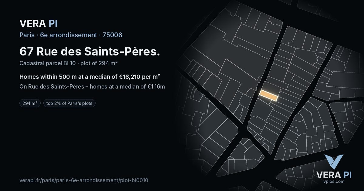 67 Rue des Saints-Pères, 6e arrondissement at night – the plot lit, the parcels around coloured by the prices near them