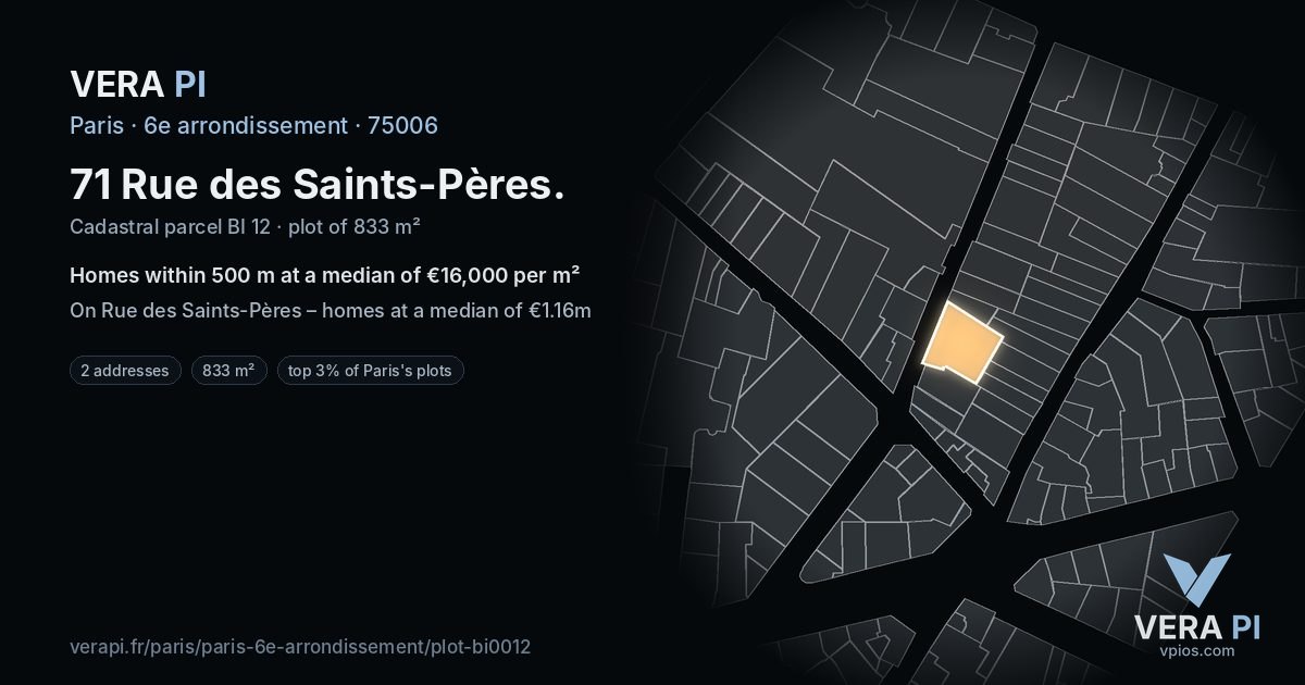 71 Rue des Saints-Pères, 6e arrondissement at night – the plot lit, the parcels around coloured by the prices near them