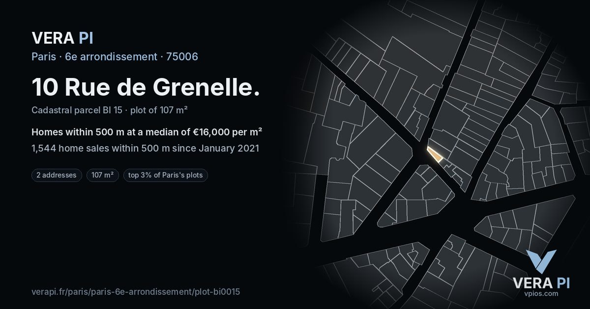 10 Rue de Grenelle, 6e arrondissement at night – the plot lit, the parcels around coloured by the prices near them
