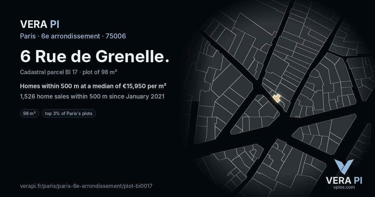 6 Rue de Grenelle, 6e arrondissement at night – the plot lit, the parcels around coloured by the prices near them