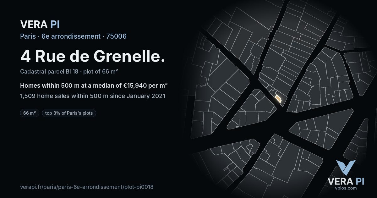 4 Rue de Grenelle, 6e arrondissement at night – the plot lit, the parcels around coloured by the prices near them
