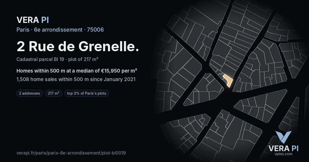 2 Rue de Grenelle, 6e arrondissement at night – the plot lit, the parcels around coloured by the prices near them