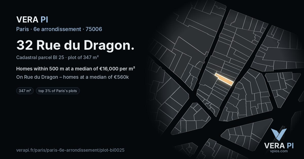 32 Rue du Dragon, 6e arrondissement at night – the plot lit, the parcels around coloured by the prices near them