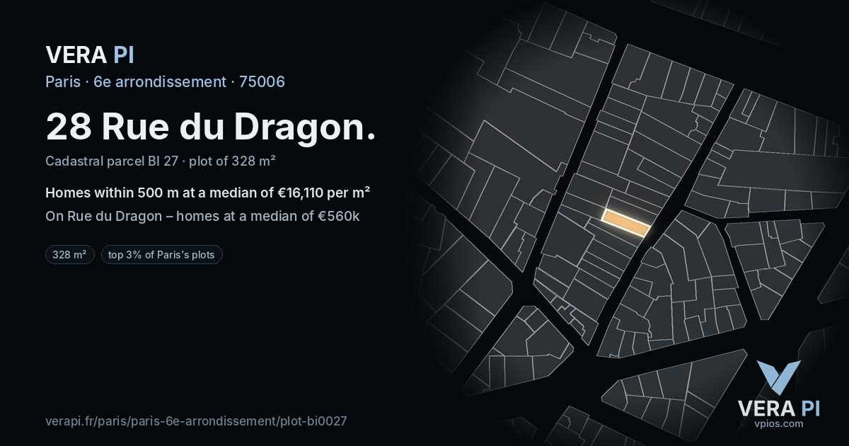 28 Rue du Dragon, 6e arrondissement at night – the plot lit, the parcels around coloured by the prices near them