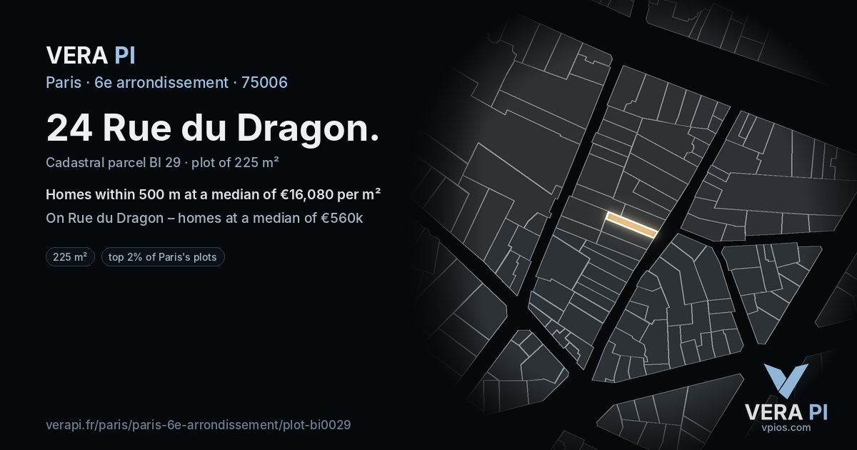 24 Rue du Dragon, 6e arrondissement at night – the plot lit, the parcels around coloured by the prices near them