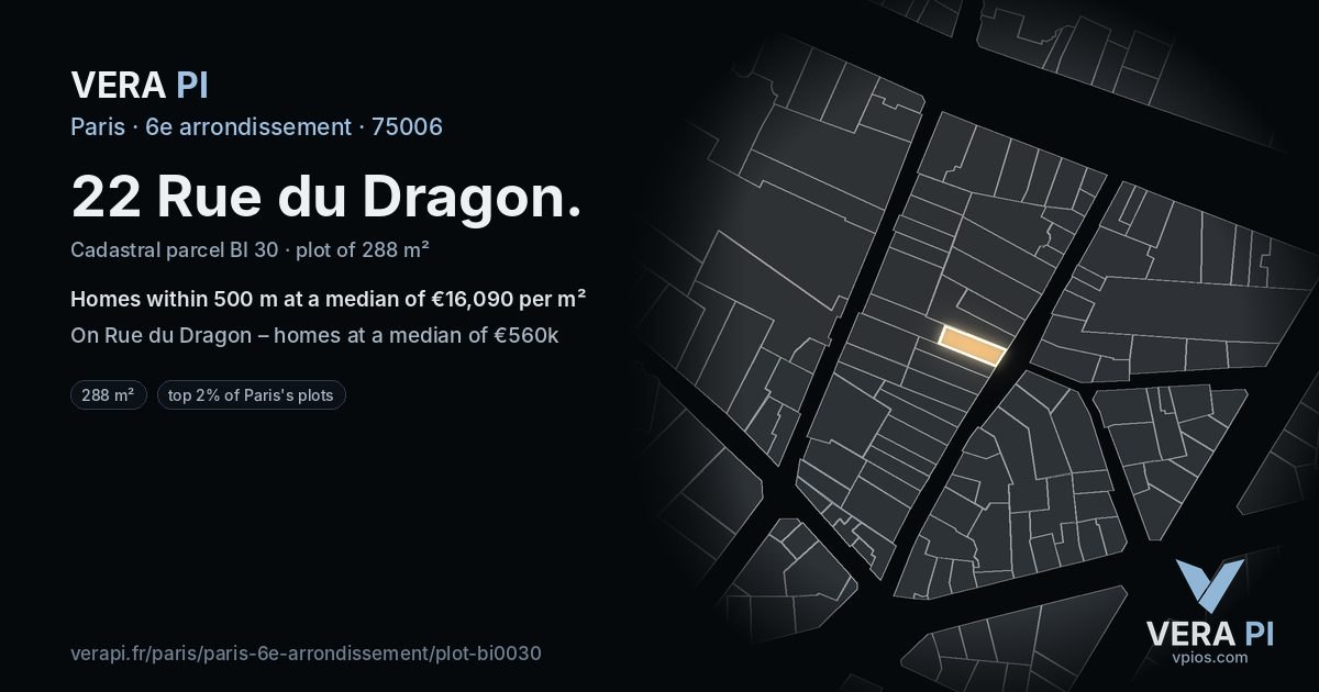 22 Rue du Dragon, 6e arrondissement at night – the plot lit, the parcels around coloured by the prices near them