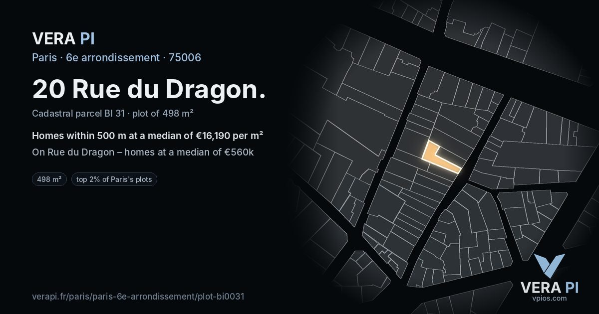 20 Rue du Dragon, 6e arrondissement at night – the plot lit, the parcels around coloured by the prices near them
