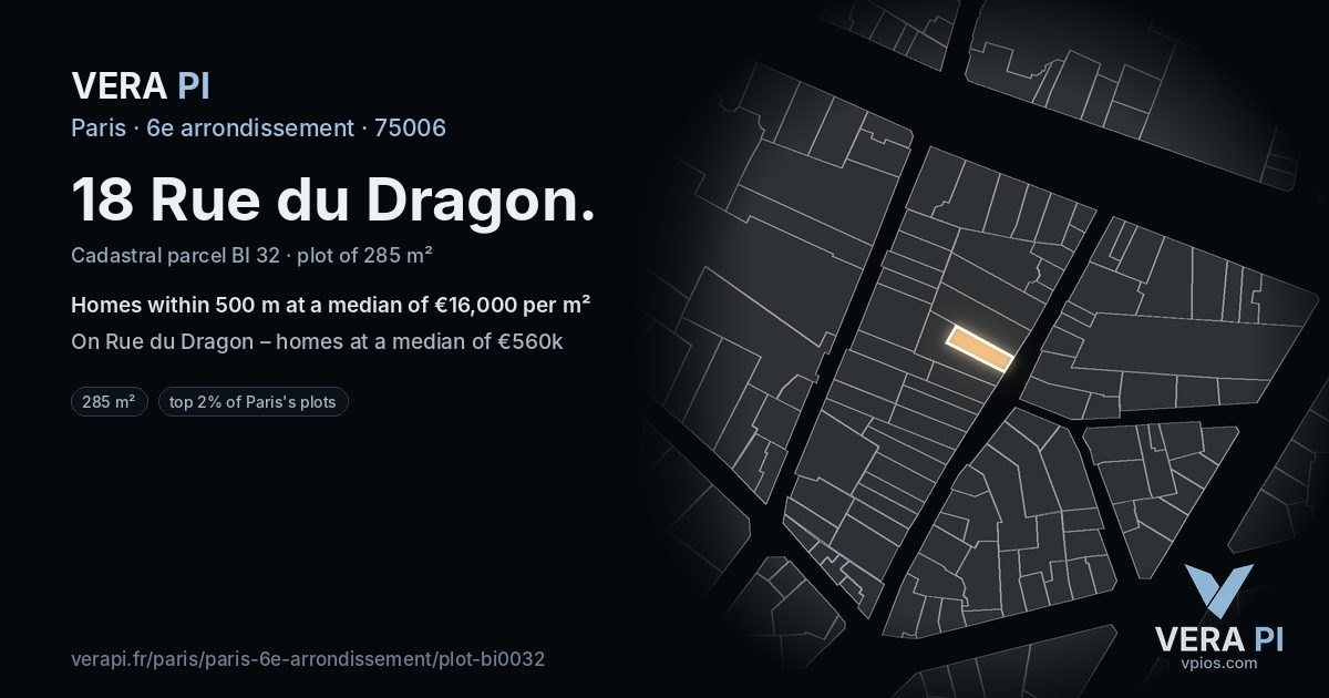 18 Rue du Dragon, 6e arrondissement at night – the plot lit, the parcels around coloured by the prices near them