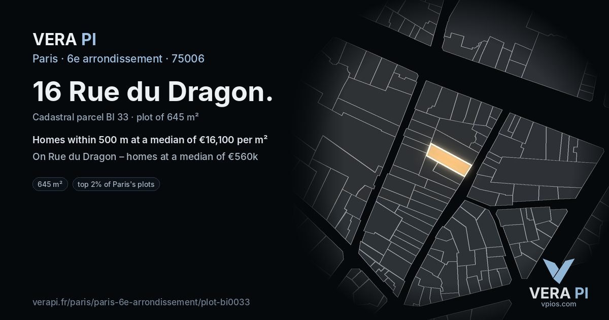 16 Rue du Dragon, 6e arrondissement at night – the plot lit, the parcels around coloured by the prices near them