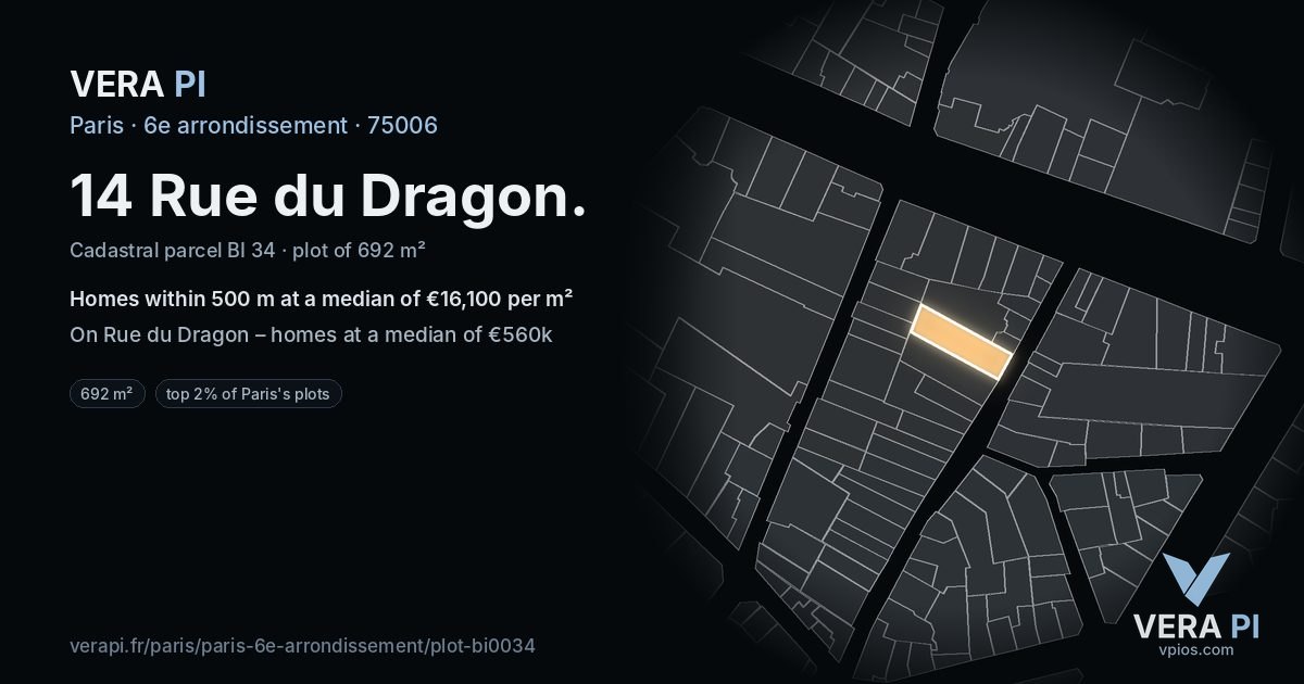 14 Rue du Dragon, 6e arrondissement at night – the plot lit, the parcels around coloured by the prices near them