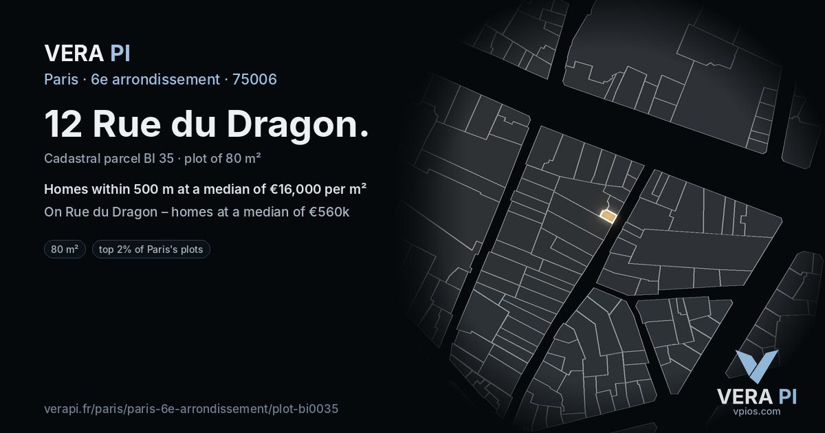 12 Rue du Dragon, 6e arrondissement at night – the plot lit, the parcels around coloured by the prices near them