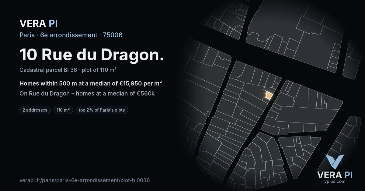 10 Rue du Dragon, 6e arrondissement at night – the plot lit, the parcels around coloured by the prices near them