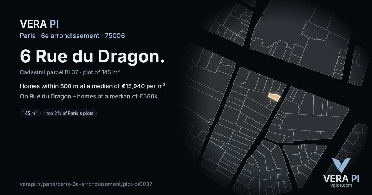 6 Rue du Dragon, 6e arrondissement at night – the plot lit, the parcels around coloured by the prices near them