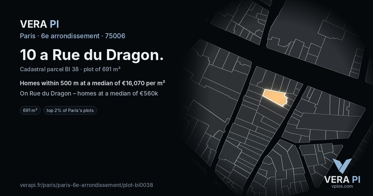 10 a Rue du Dragon, 6e arrondissement at night – the plot lit, the parcels around coloured by the prices near them