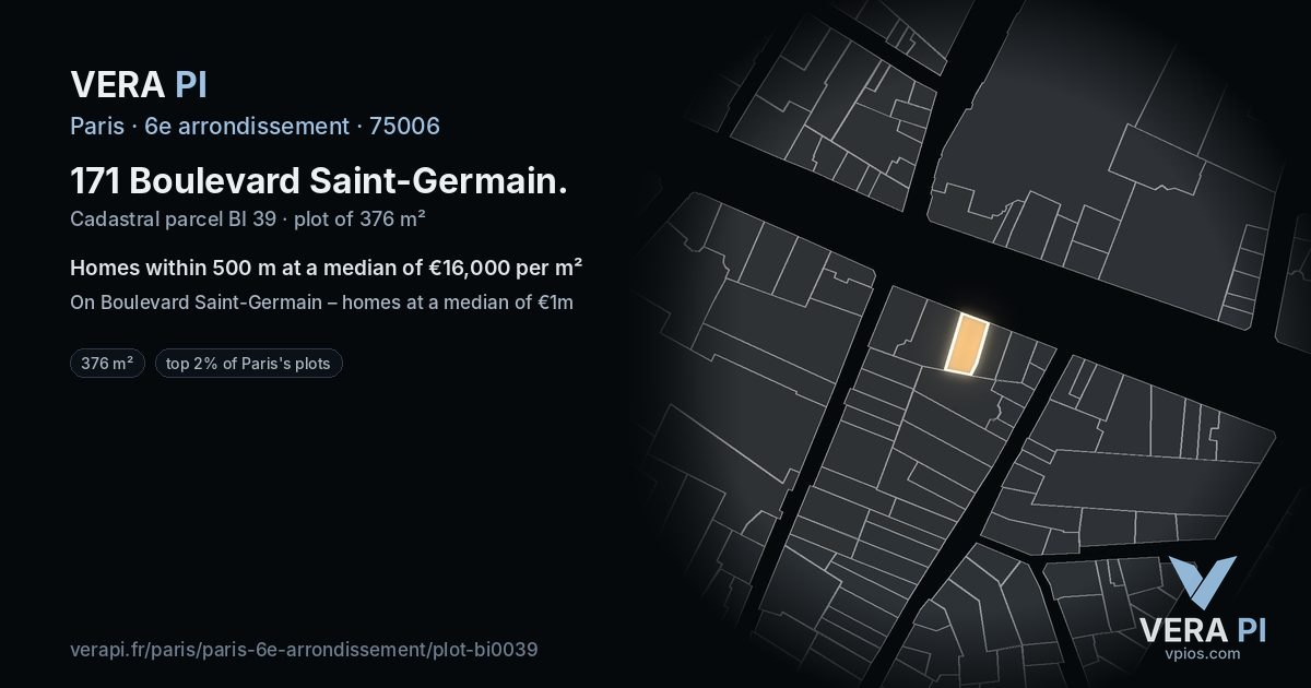 171 Boulevard Saint-Germain, 6e arrondissement at night – the plot lit, the parcels around coloured by the prices near them