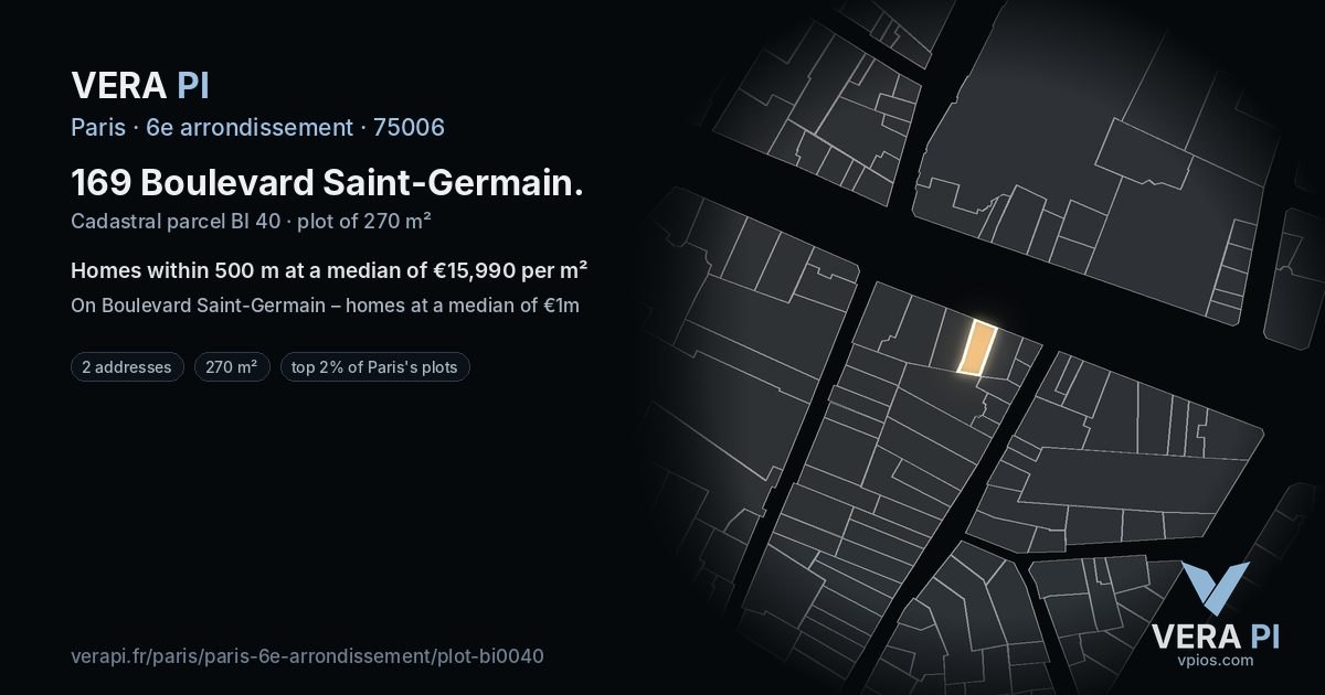 169 Boulevard Saint-Germain, 6e arrondissement at night – the plot lit, the parcels around coloured by the prices near them